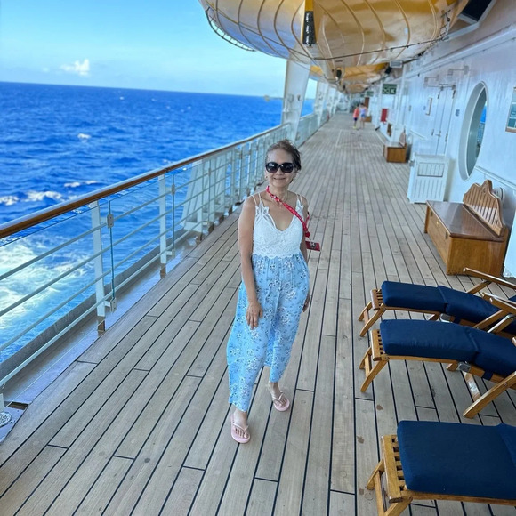 White and Floral Blue Medium Jumpsuit - Picture 7 of 7